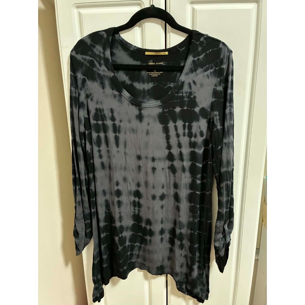 Tribal Denim Top Womens XL Gray Black Tie Dye Long Sleeve Rayon Stretch Casual